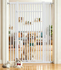 White 55 inch extra tall metal pet gate with walk-thru door in a hallway