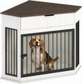 White wooden corner dog crate end table with fluted drawer