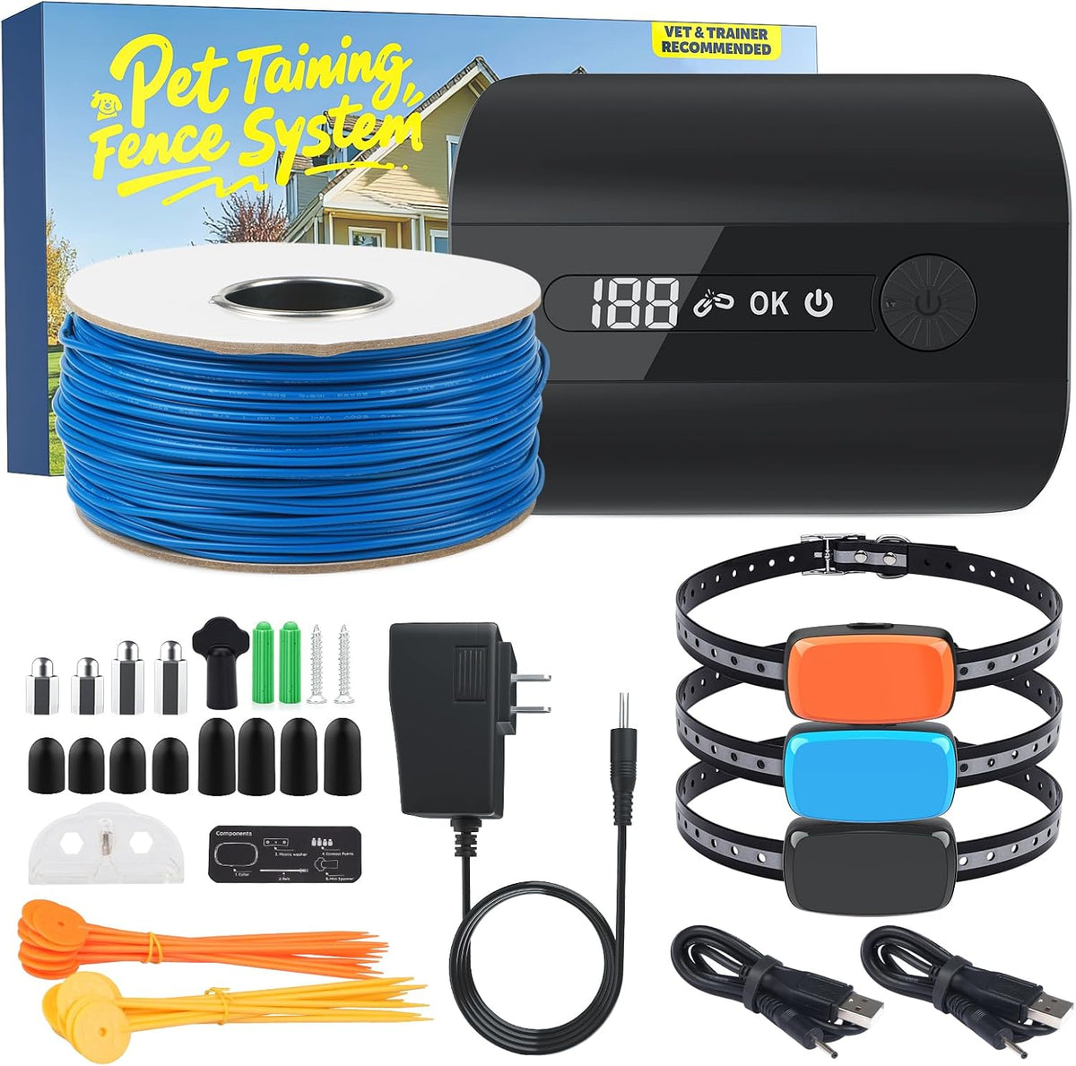Underground dog fence transmitter, boundary wire spool and three waterproof receiver collars