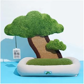 Cat Scratcher Bed with Hanging Fluffy Ball, Scratch Pad and Removable Washable Cushion, 55 x 50 x 40 cm
