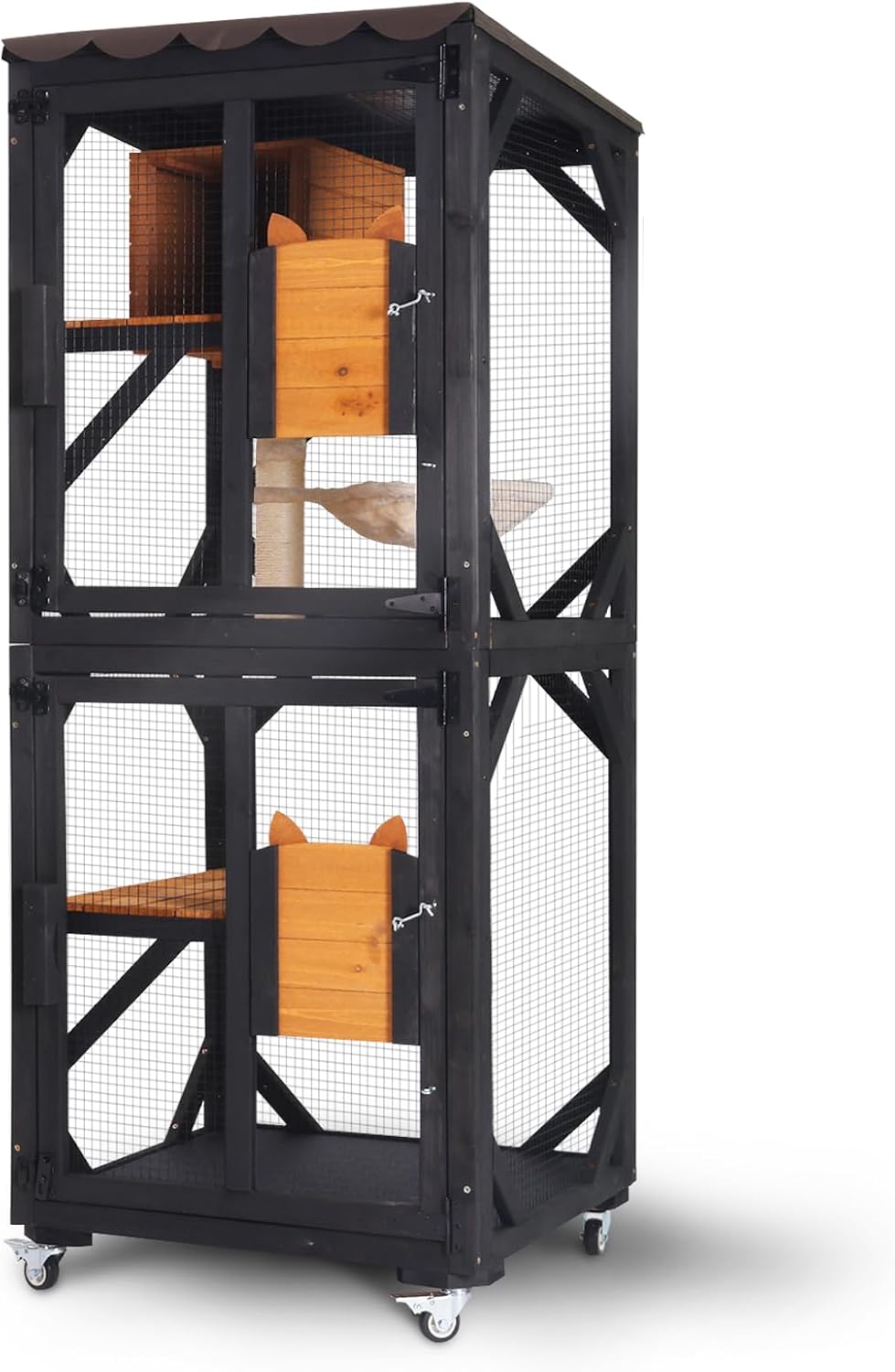 Black mobile catio enclosure on wheels with hammock and tarp roof
