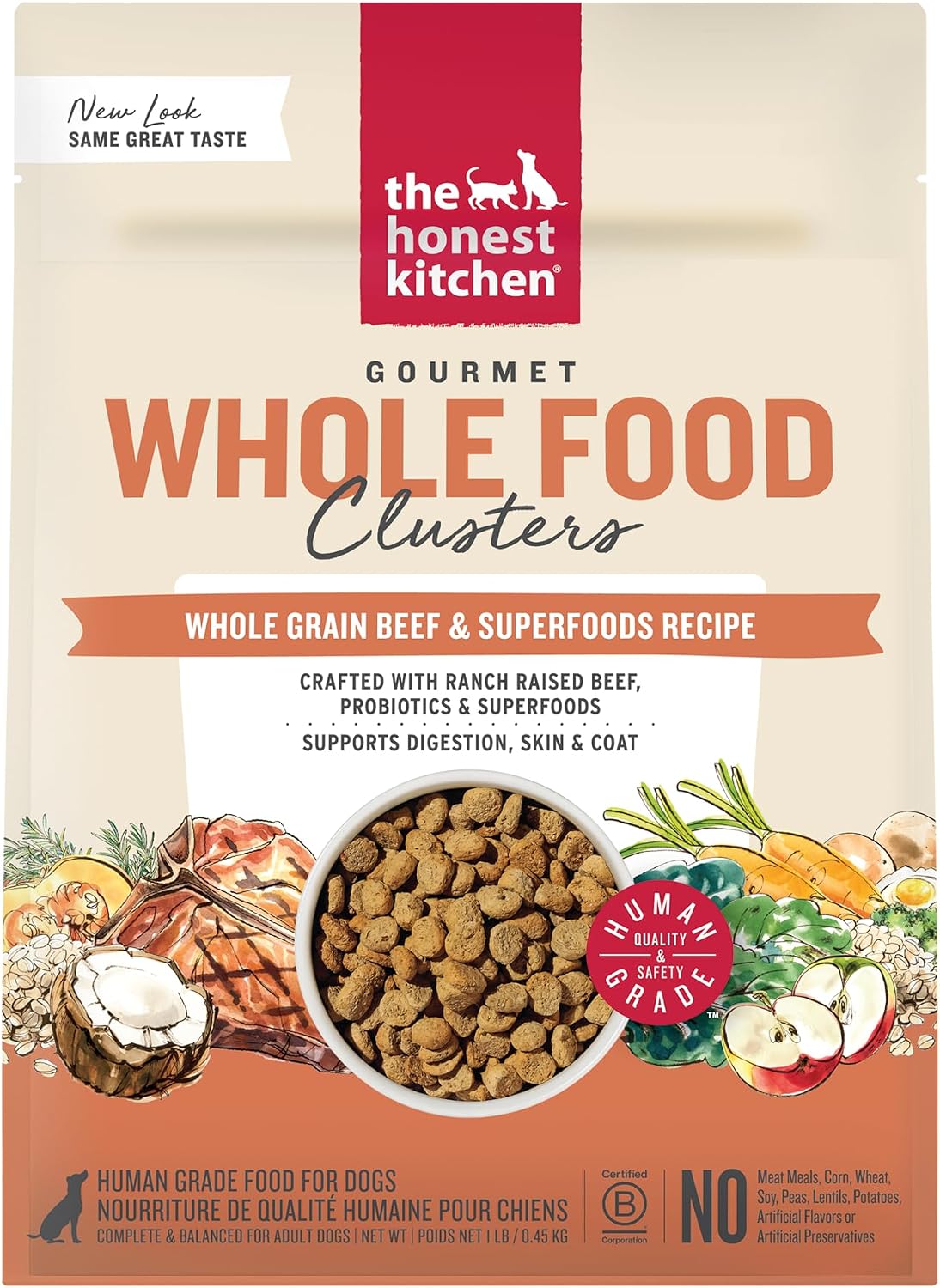Bag of whole grain lamb and superfoods dog food clusters with a bowl of clusters – view 2