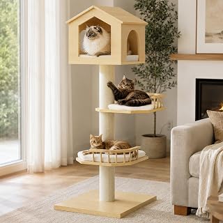 Modern Wooden Cat Tree Tower for Large Adult Indoor Cats