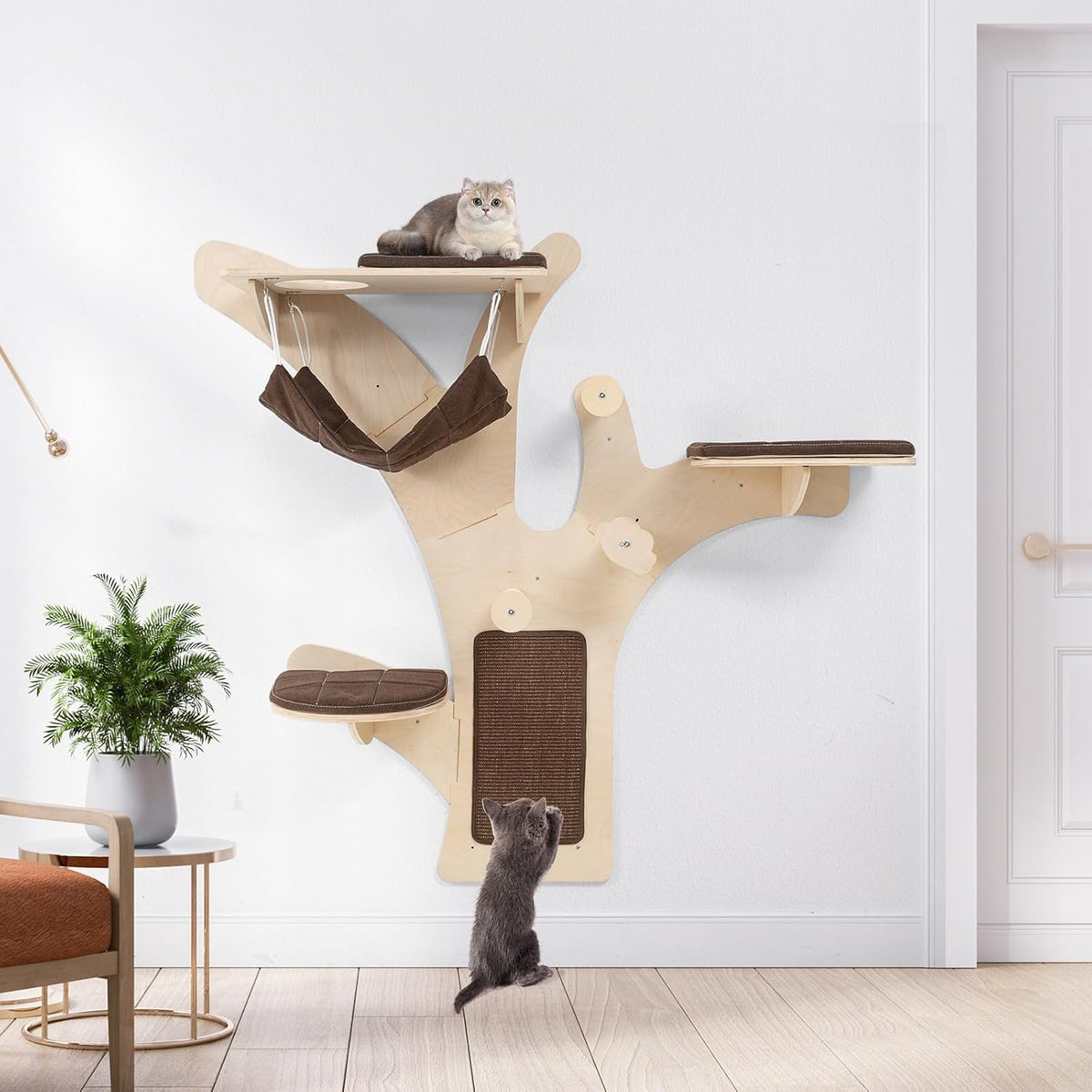 Wall-mounted wooden cat shelves with hammock, bed and scratching post – view 2