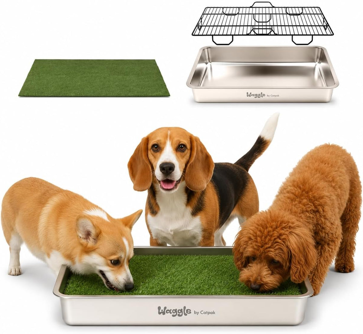Stainless steel dog potty tray with raised grate and grass mat