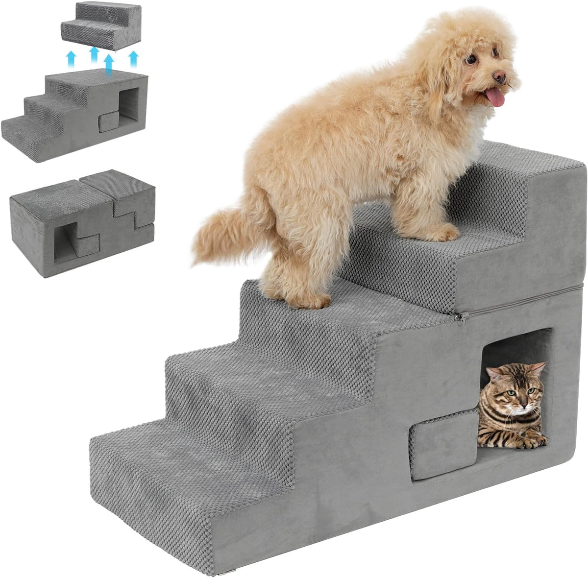5-step foam dog stairs, 23 inches tall, with non-slip washable cover beside a bed