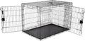 Black folding metal wire dog crate with double doors and removable tray