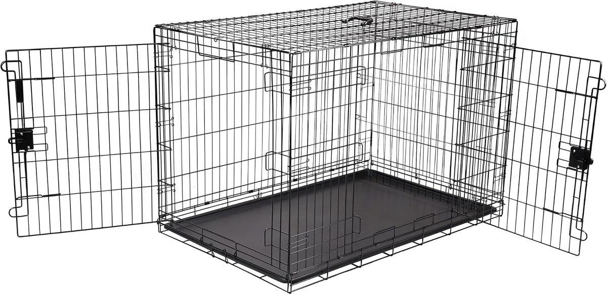 Black folding metal wire dog crate with double doors and removable tray