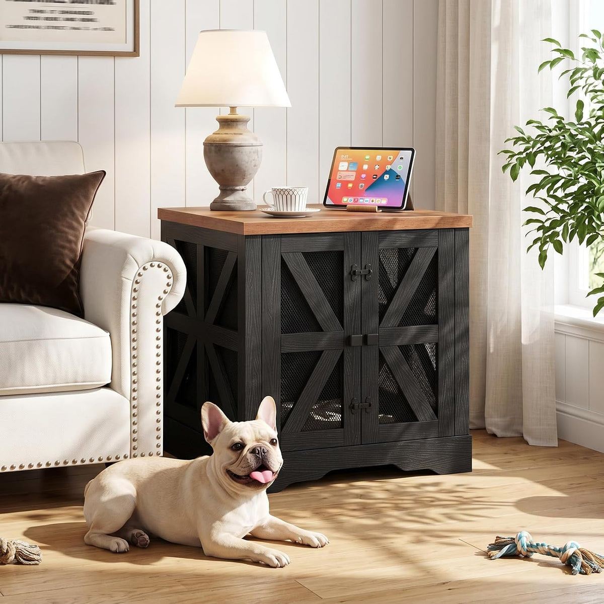Black and walnut dog crate end table with barn-style doors