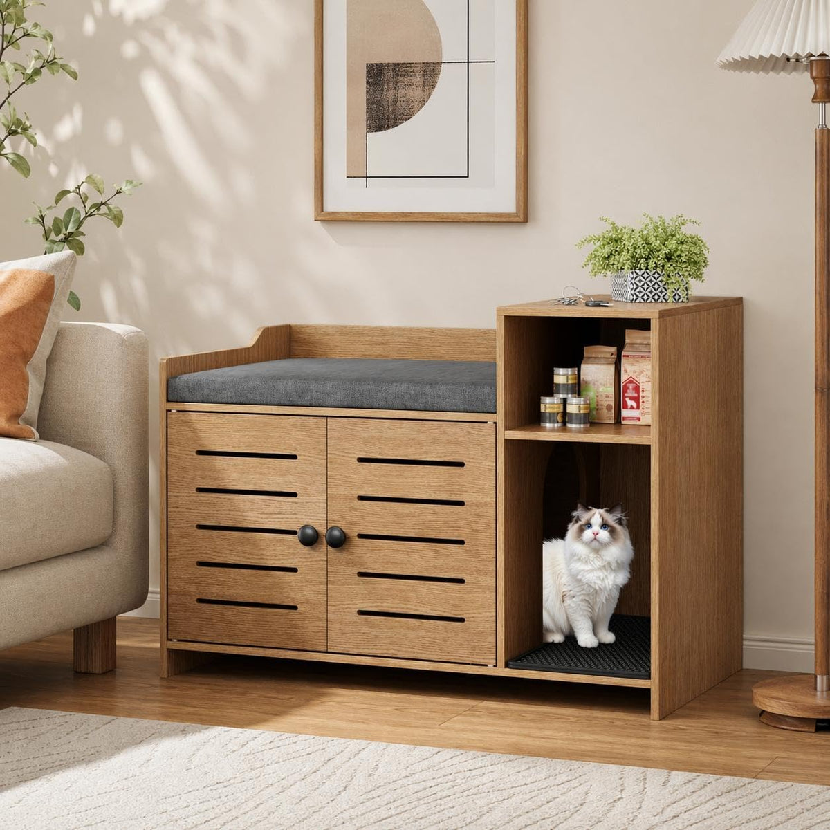 Grey litter box enclosure end table with double doors and storage shelf – view 3