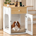 Natural oak wooden dog crate end table with a storage drawer and charging station
