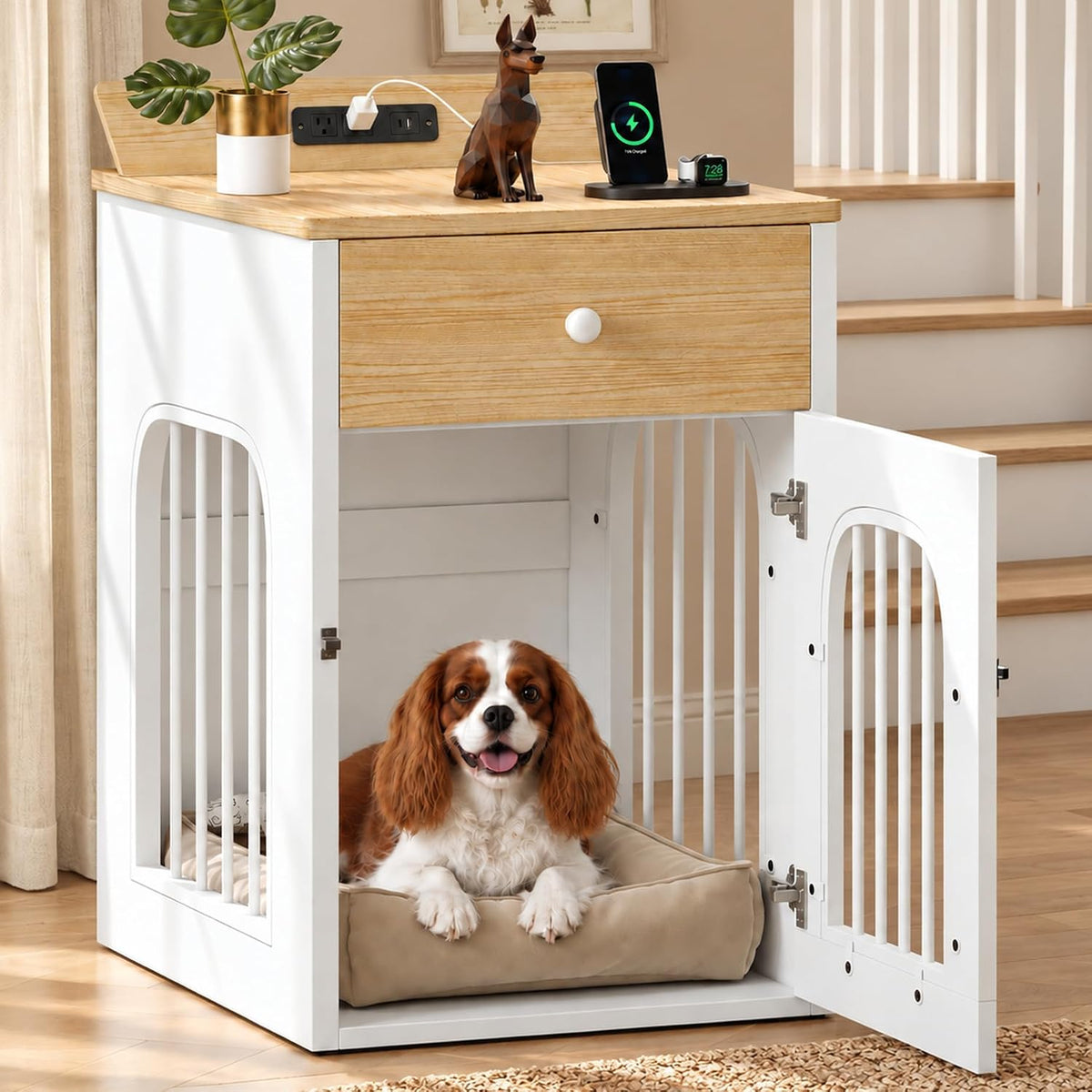 Natural oak wooden dog crate end table with a storage drawer and charging station