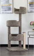 Carpeted wooden multi-level cat tree tower with condo