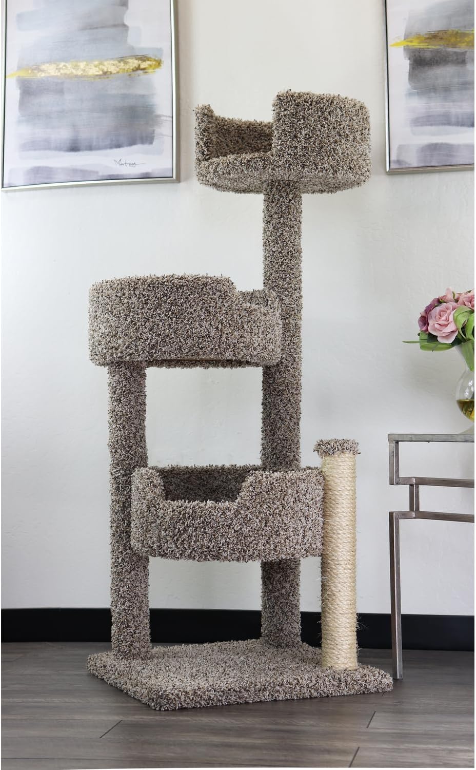 Carpeted wooden multi-level cat tree tower with condo
