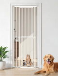 Extra tall white pressure-mounted cat gate with walk-through door in a doorway