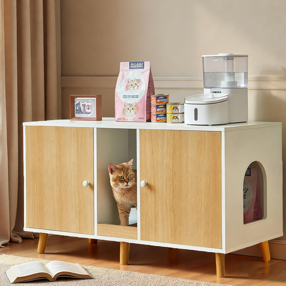 Wooden double room litter box enclosure cabinet with scratching pad