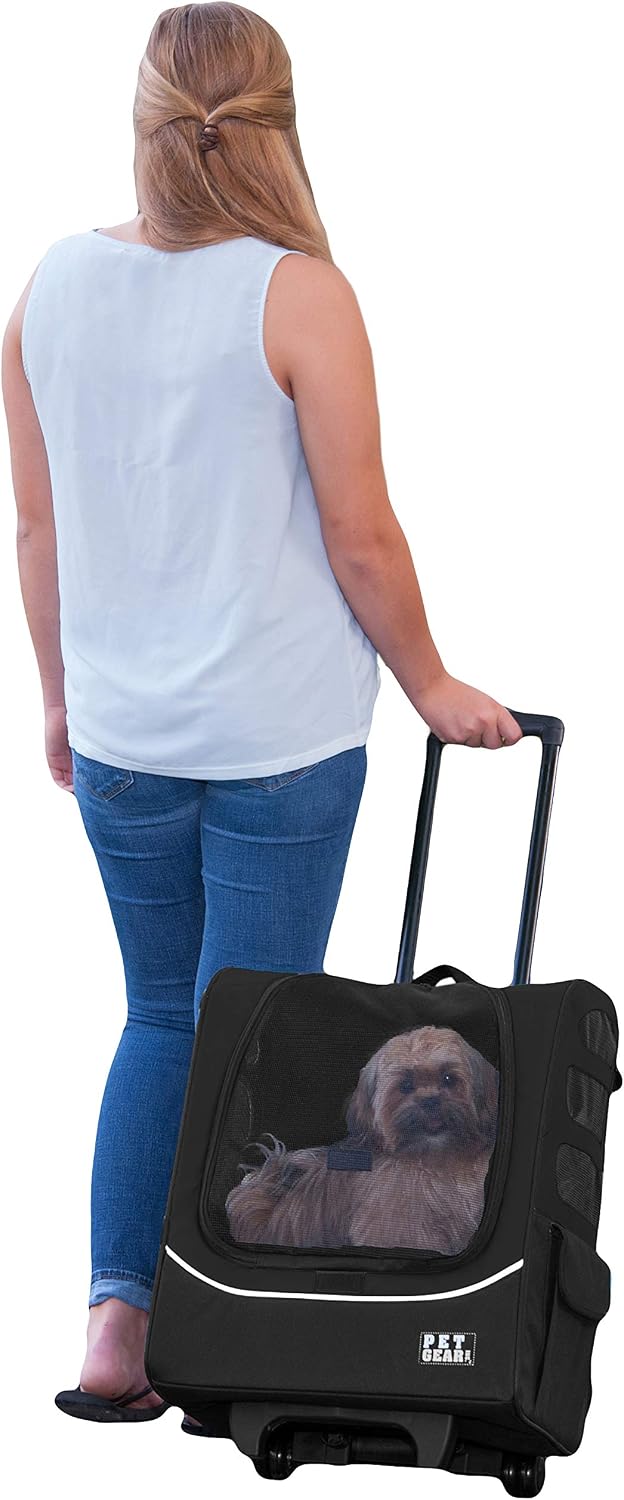 Onyx black rolling pet backpack carrier with telescoping handle
