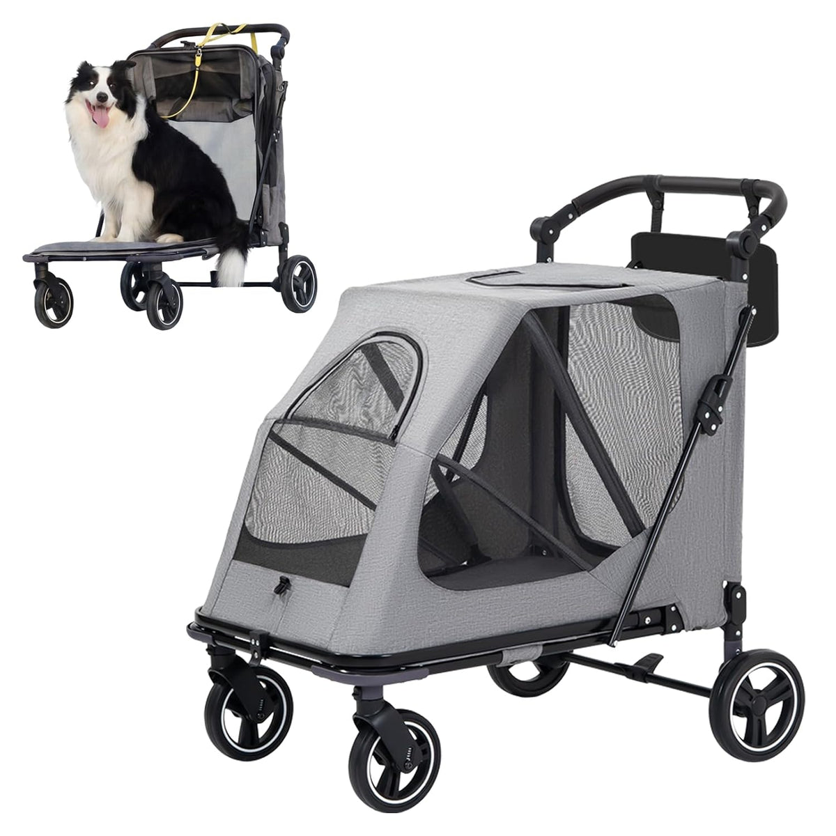 Gray extra large dog stroller with open sunshade canopy
