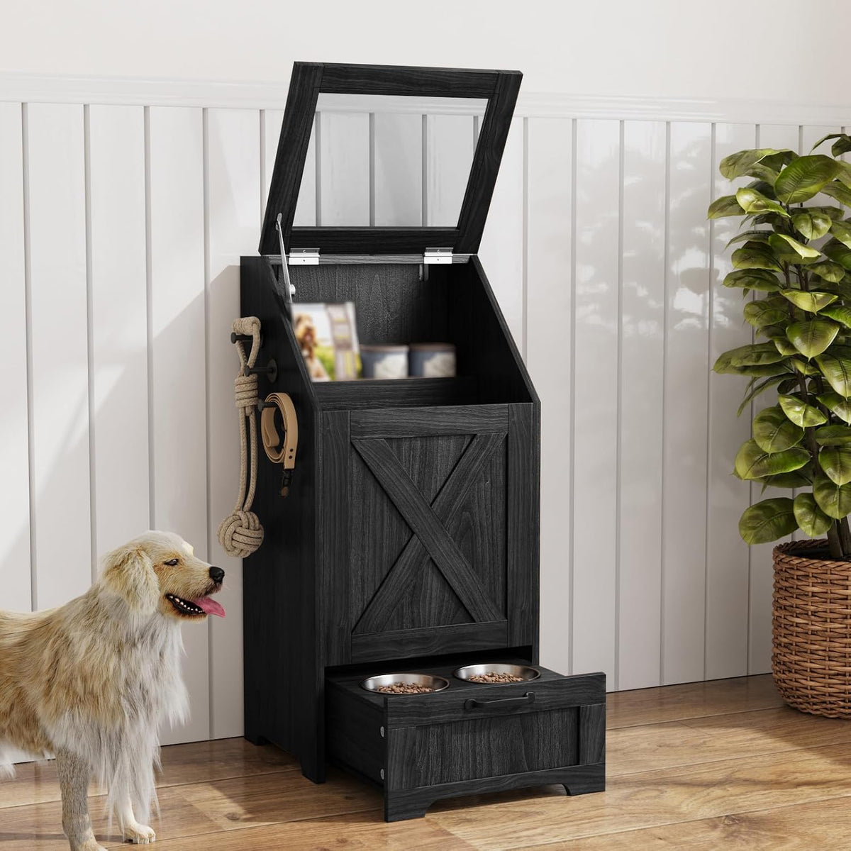 Walnut dog feeding station cabinet with two pull-out bowls and flip-top food bin – view 2