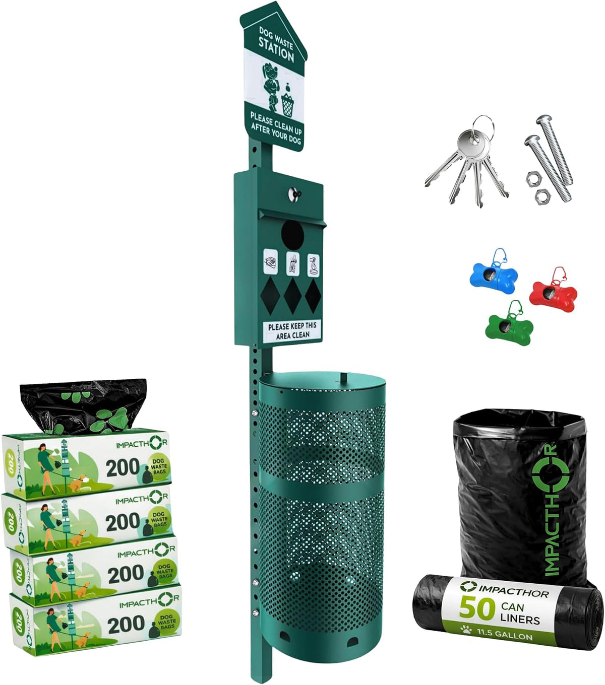 Outdoor dog waste station with bag dispenser and waste can on a post