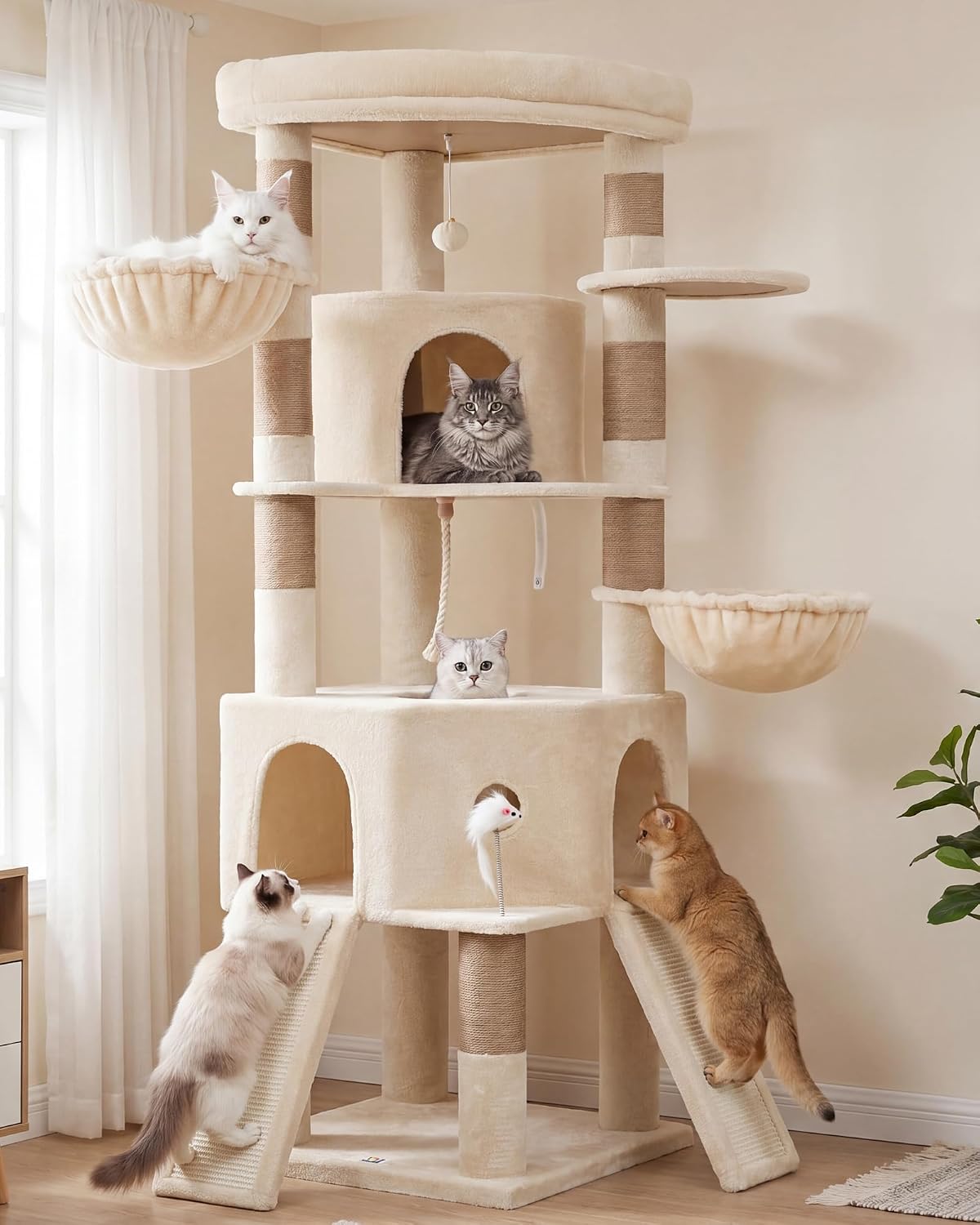 Light gray corner cat tower with diamond hideout and hammocks – view 7