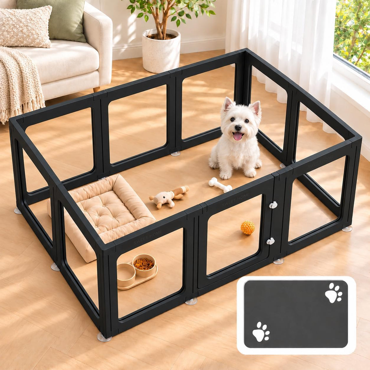 Clear acrylic puppy playpen with black frame and toilet area – view 4