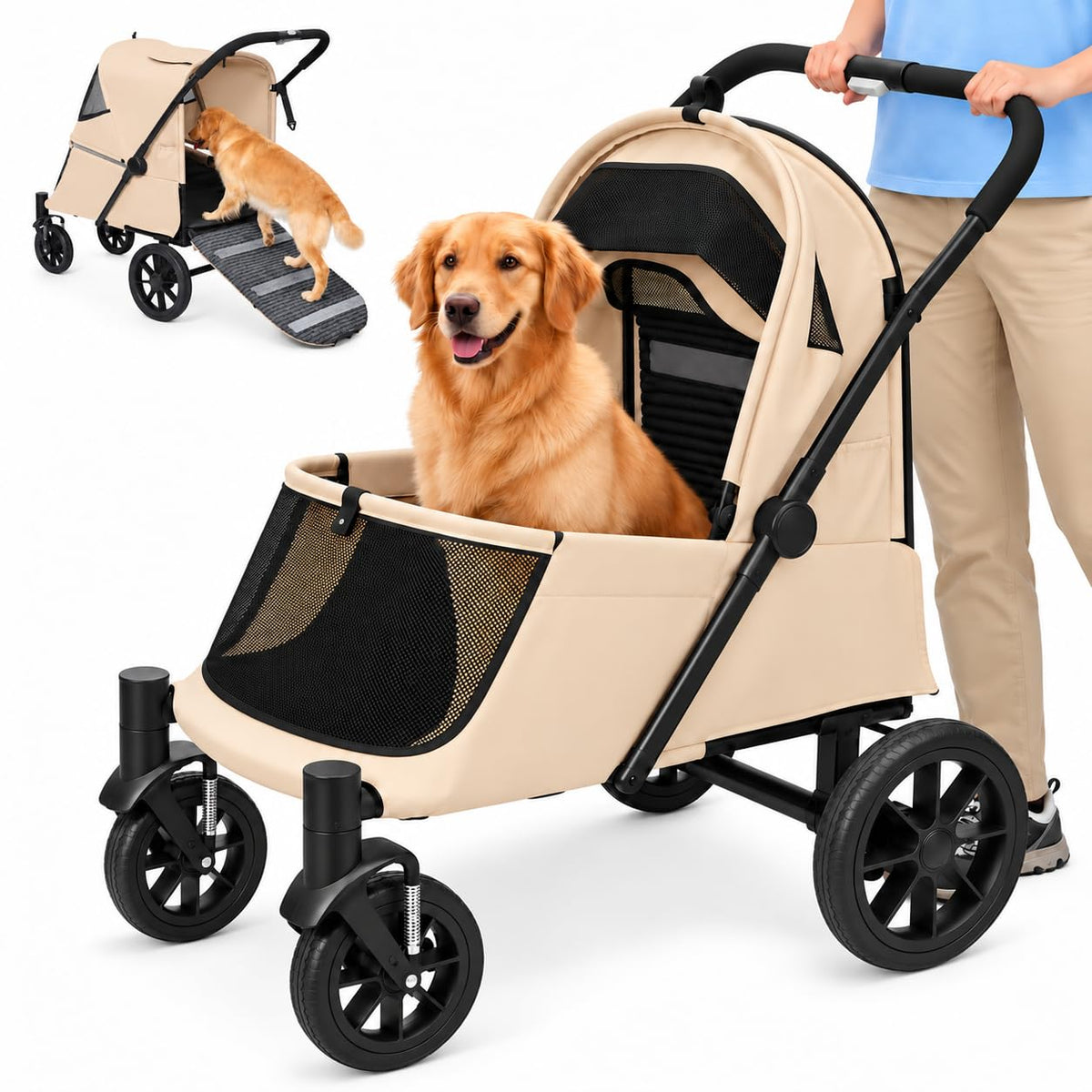 Khaki foldable dog stroller wagon with ramp, mesh windows and all-terrain wheels