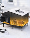 Weatherproof fabric outdoor cat house with removable heating pad and escape door