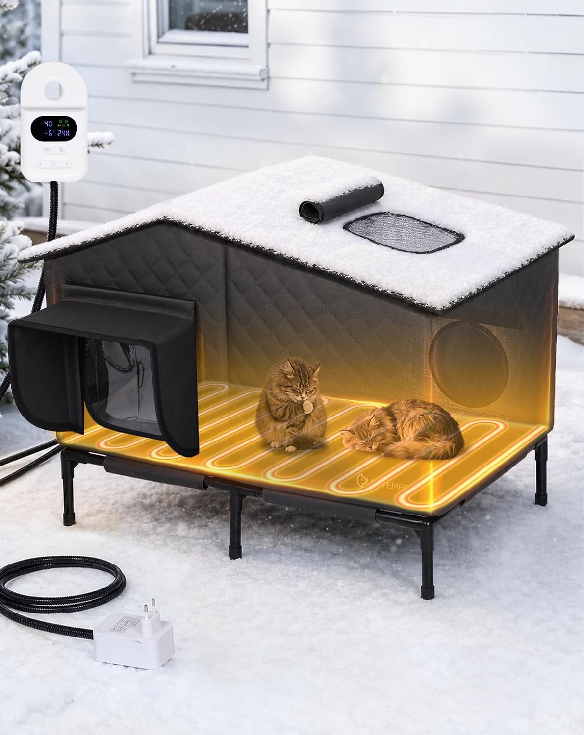Weatherproof fabric outdoor cat house with removable heating pad and escape door