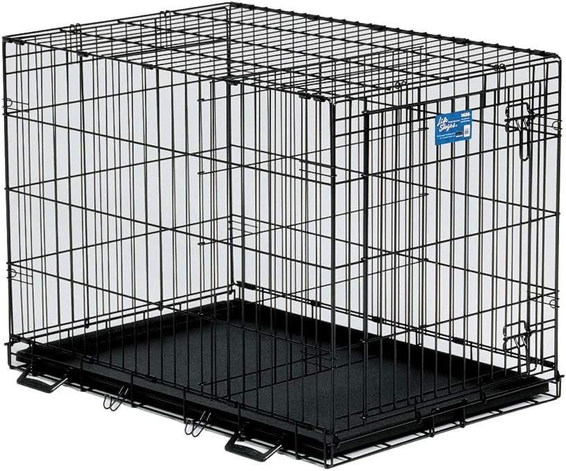 Black single door folding metal dog crate with divider panel
