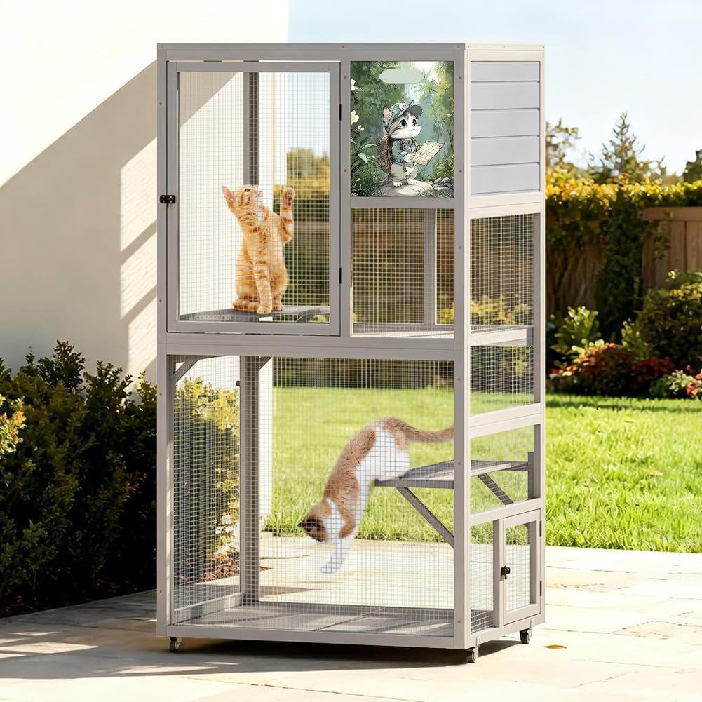 Wooden multi-level catio on wheels, 35.4 x 28 x 66 inches