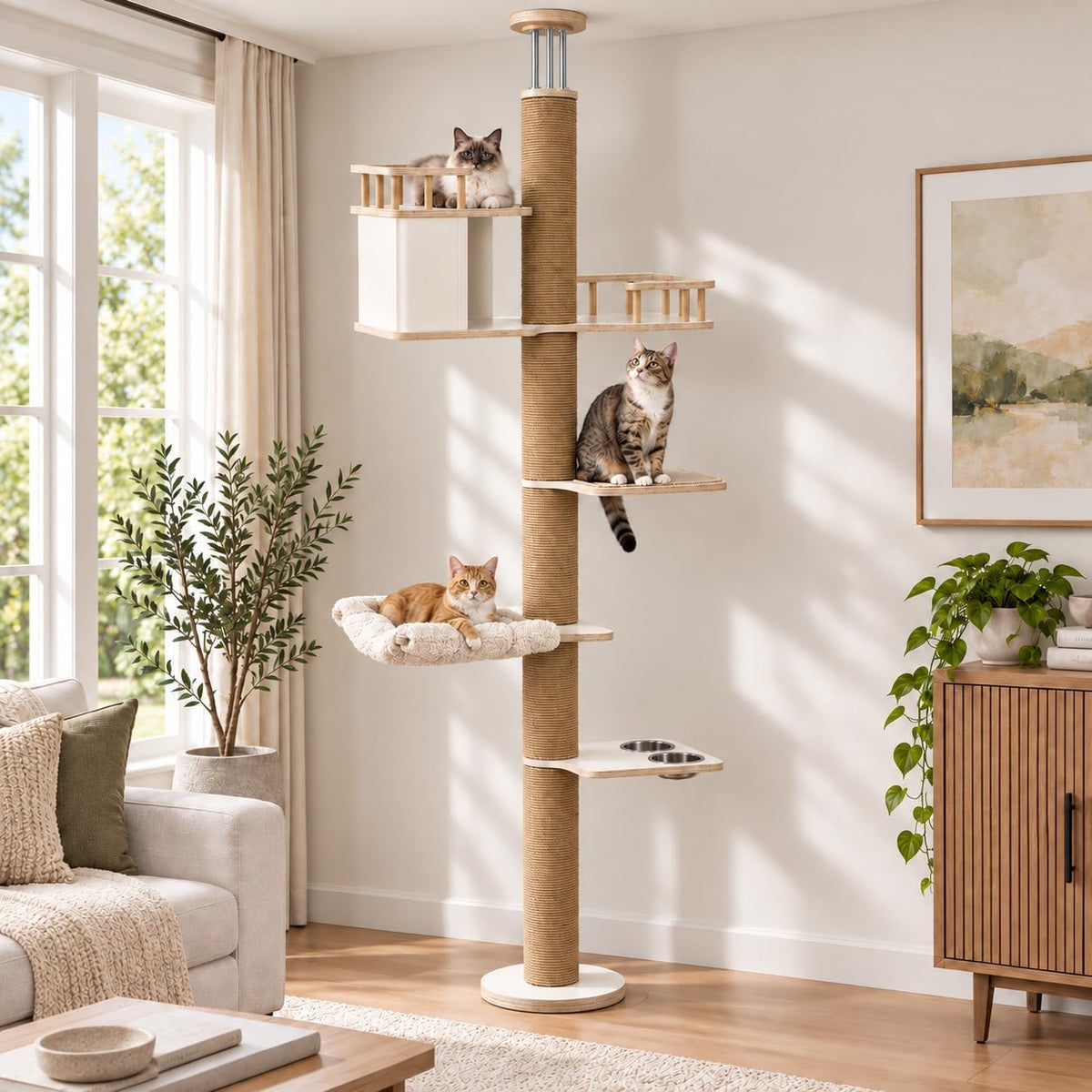 Floor to ceiling five-tier cat tree with sisal post and wide platforms