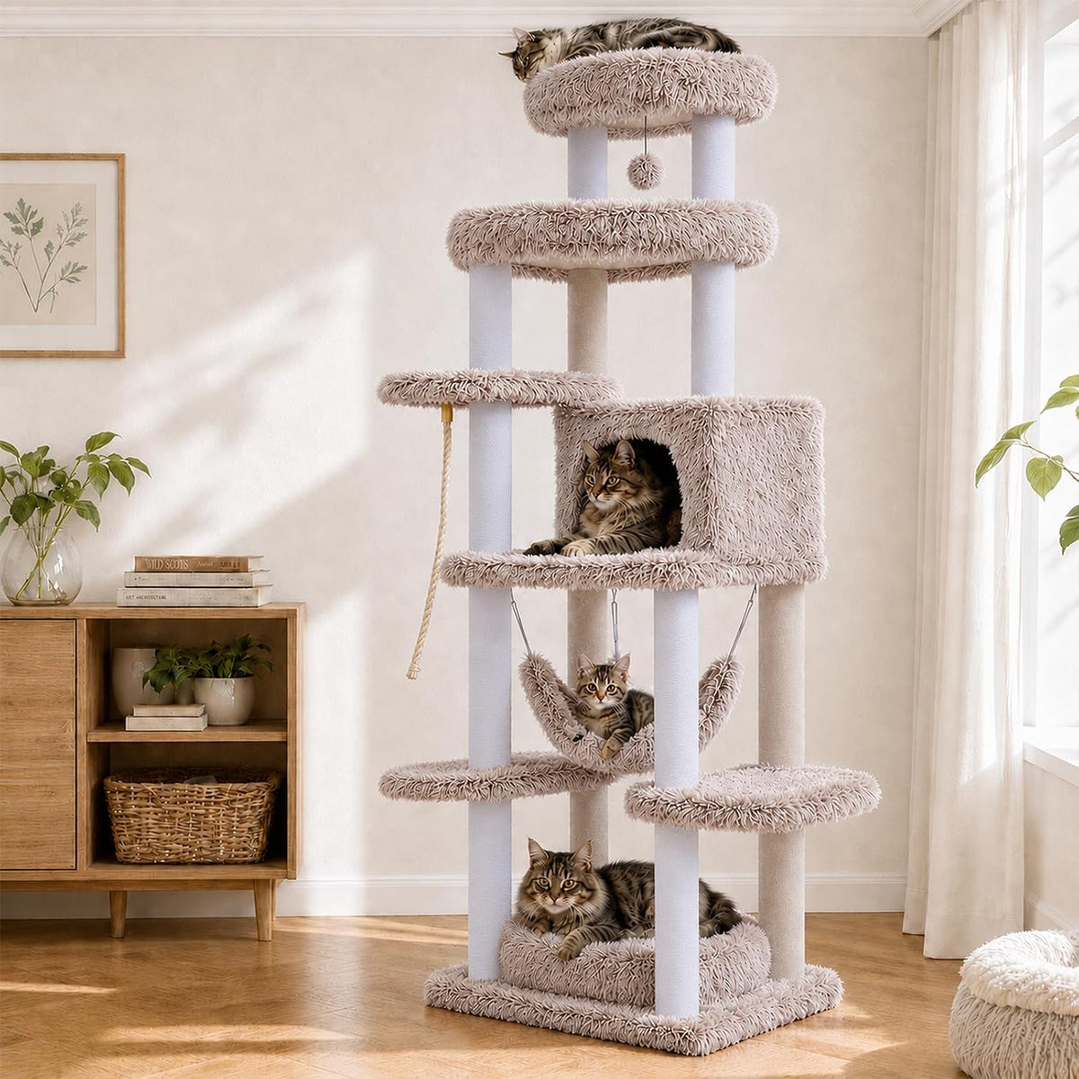 Brown plush 73 inch seven-level cat tree with large perches – view 2