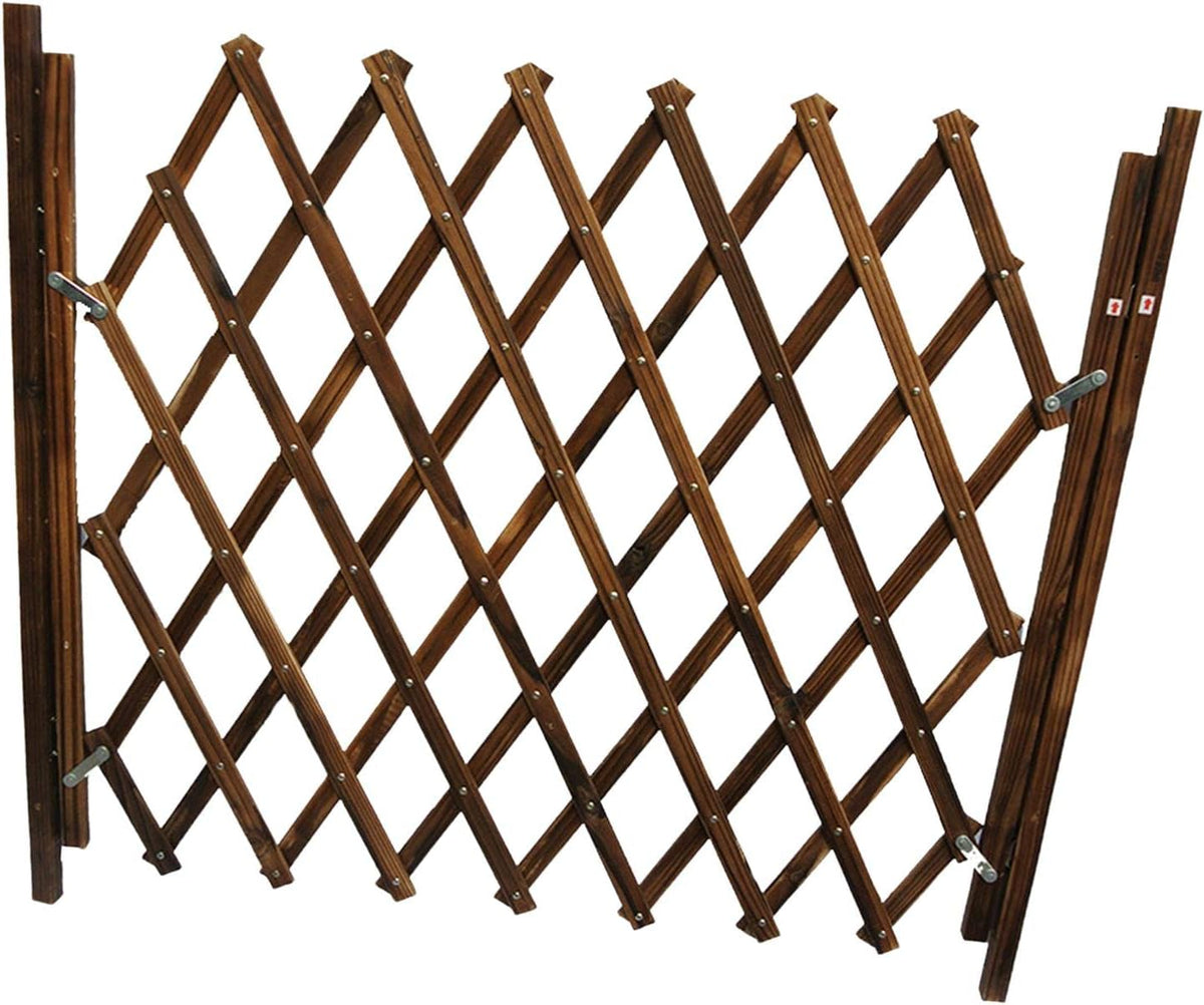 Wooden accordion expandable dog gate stretched across a doorway