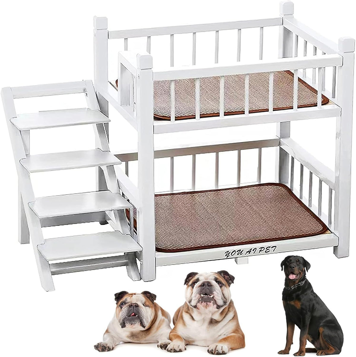 White pine wood two-level dog bunk bed with small staircase