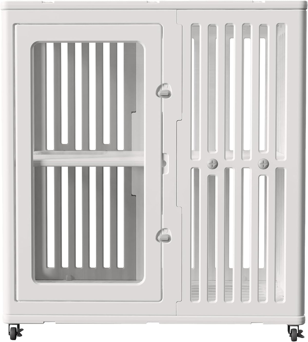 White indoor cat cage with clear acrylic door on wheels