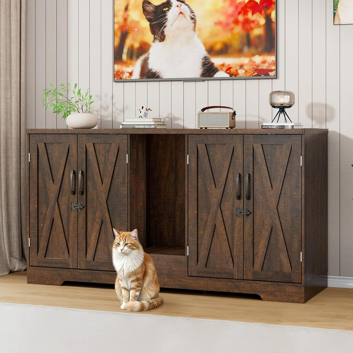 Brown farmhouse litter box enclosure cabinet for two cats with doors