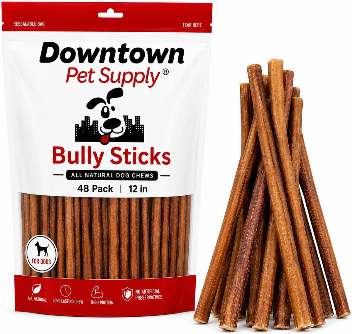 Pack of 12 inch natural bully sticks for dogs in regular thickness
