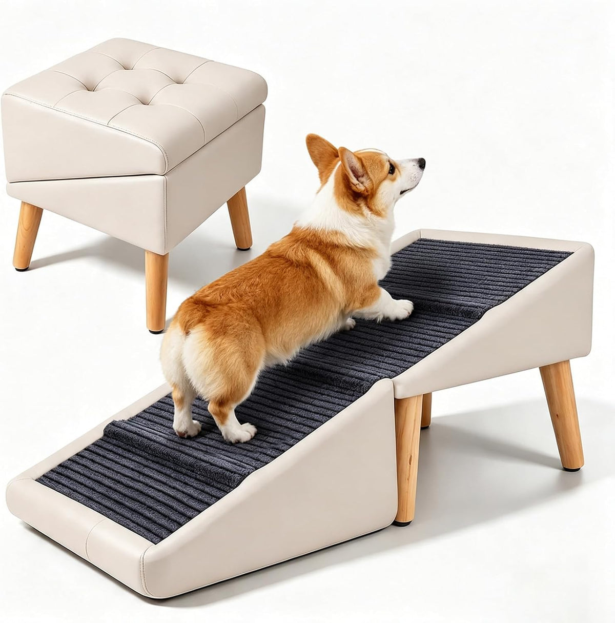 Beige foldable dog stairs ramp ottoman with solid wood frame beside a bed