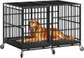 Black 48 inch heavy duty metal dog crate on lockable wheels