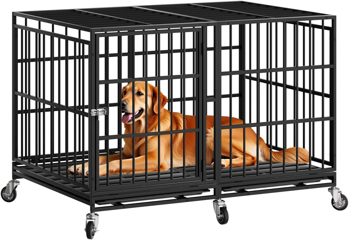 Black 48 inch heavy duty metal dog crate on lockable wheels