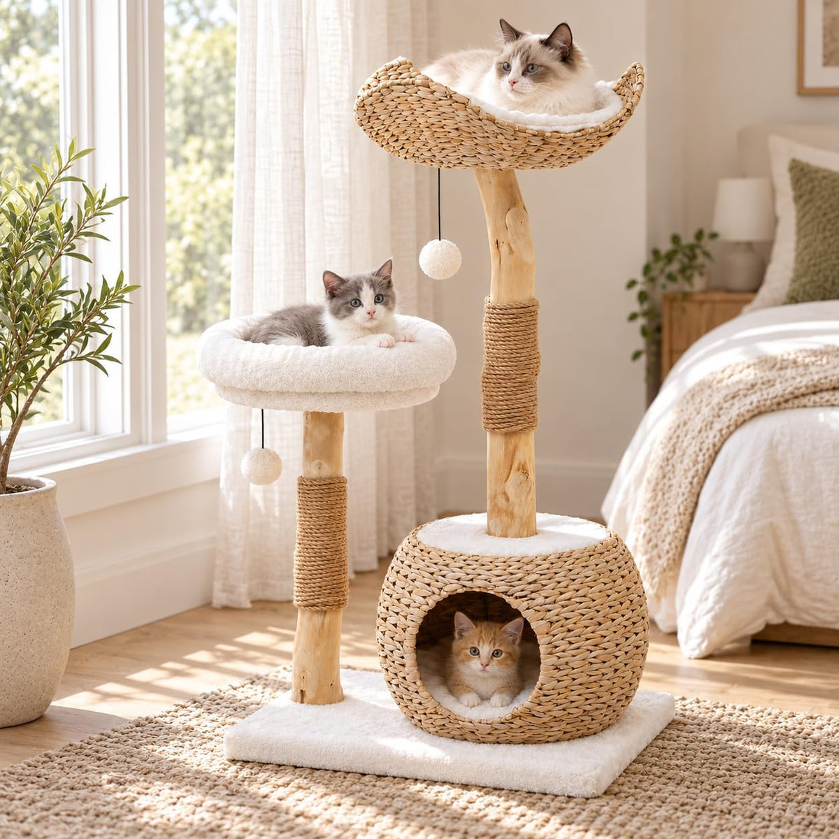 41 inch real wood cat tree with condo, platforms and hanging ball