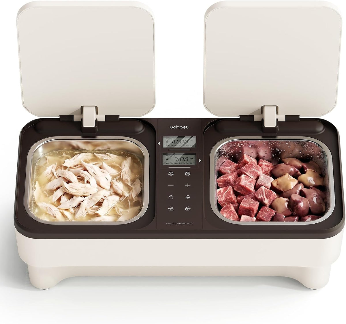 Dual-bowl automatic wet food cat feeder with lids and cooling base