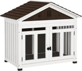 Dark brown solid wood dog house with magnetic door and air vents