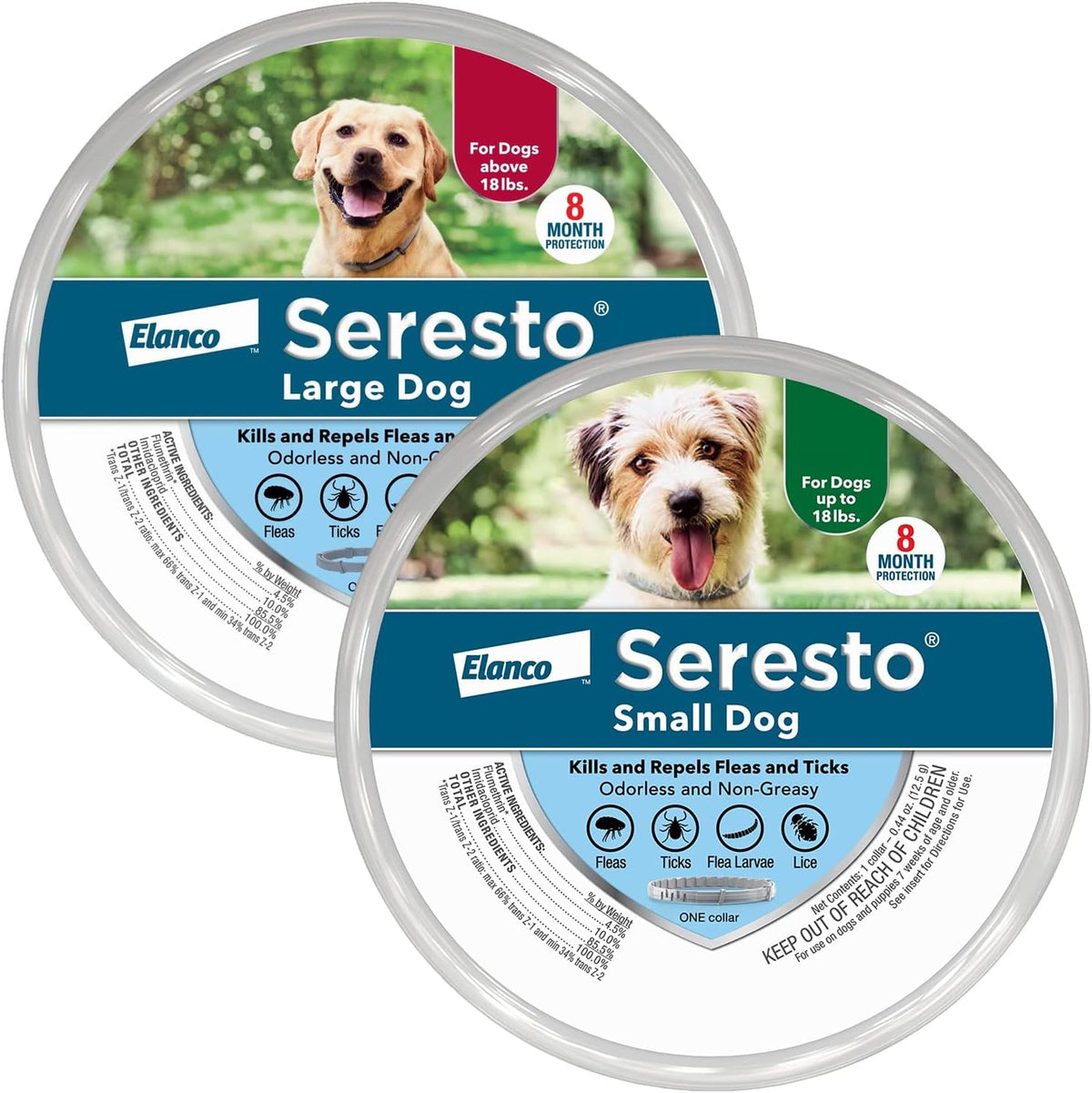 Two flea and tick collars for a large dog and a small dog