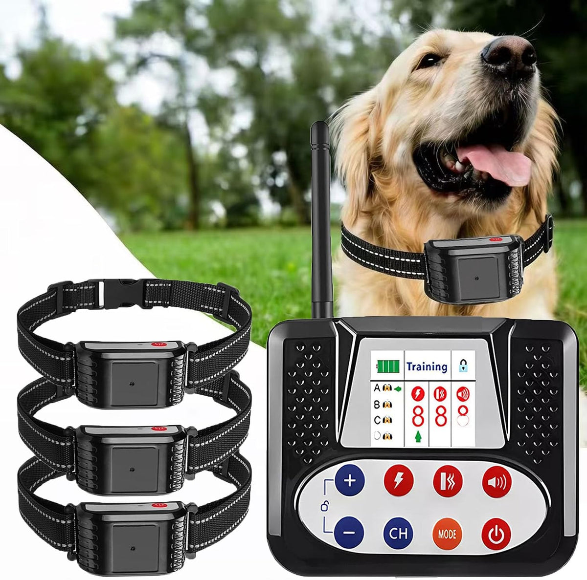 Wireless dog fence transmitter, remote and four waterproof receiver collars – view 2