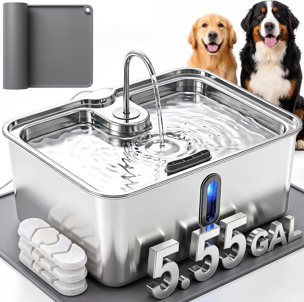Silver 21 liter stainless steel dog water fountain with window on a feeding mat