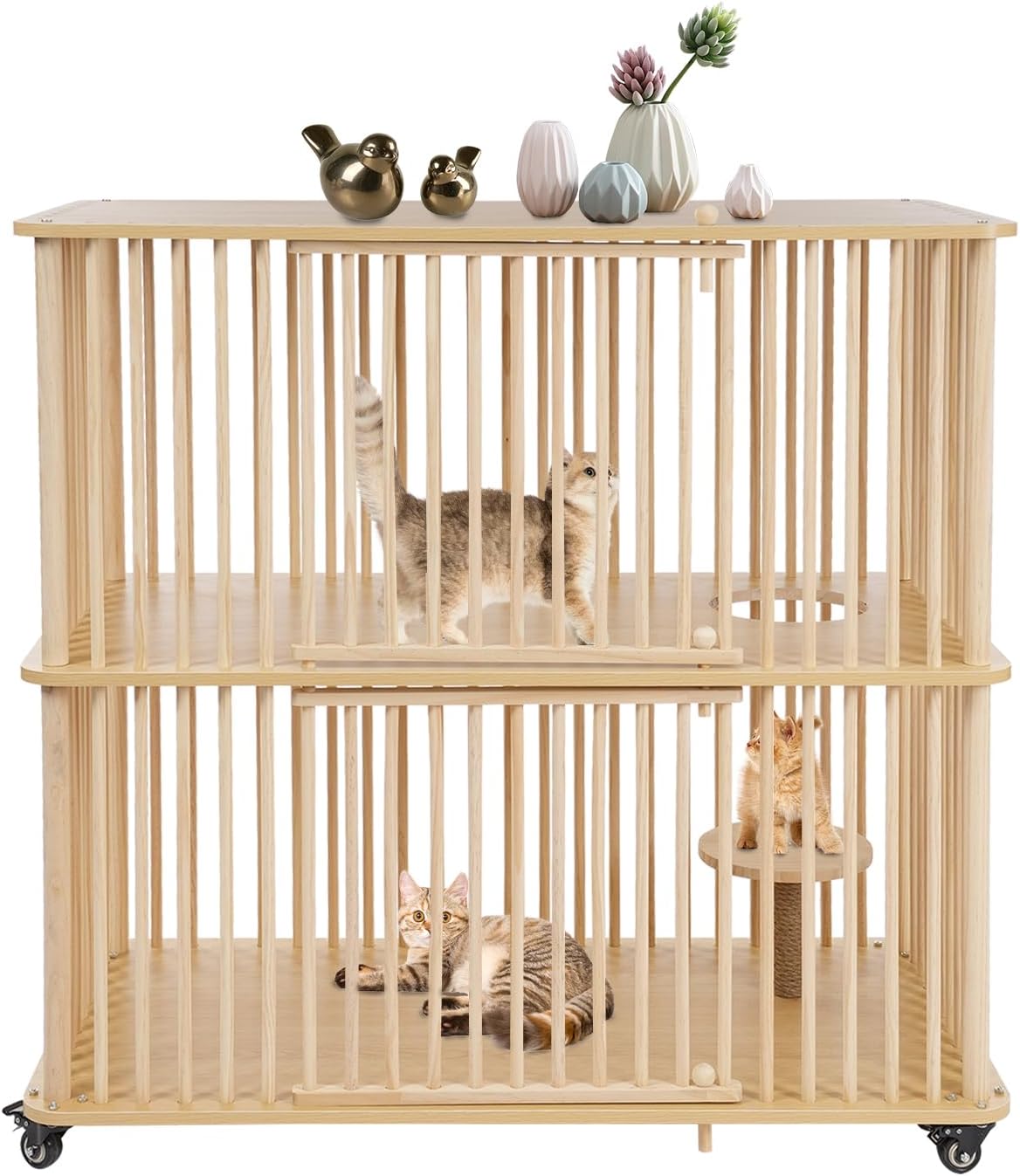 Two-tier natural wood cat house on wheels with jumping platform