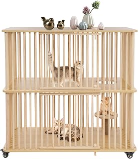 2-Tier Wooden Cat House Villa with 4 Wheels, Indoor Cage with Jumping Platform, 88 lbs per Tier, Wood Color