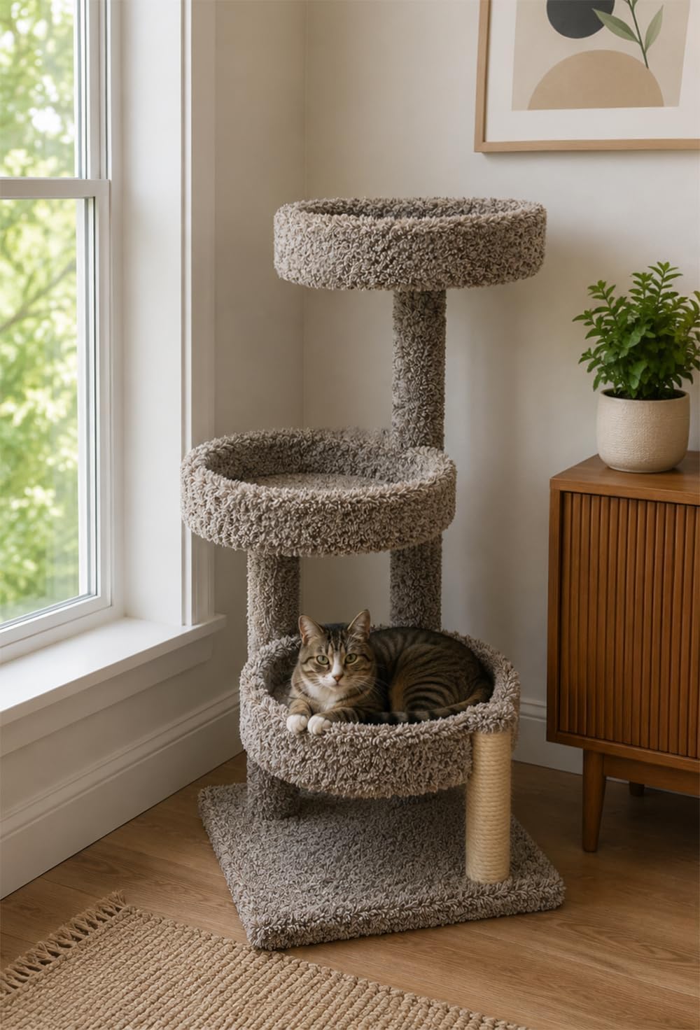 Multi-level carpeted cat tree tower with condos